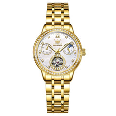 OLEVS 6750 Diamond Bezel Skeleton Mechanical Watch for Women - All Gold Watch | Olevs Watch Store