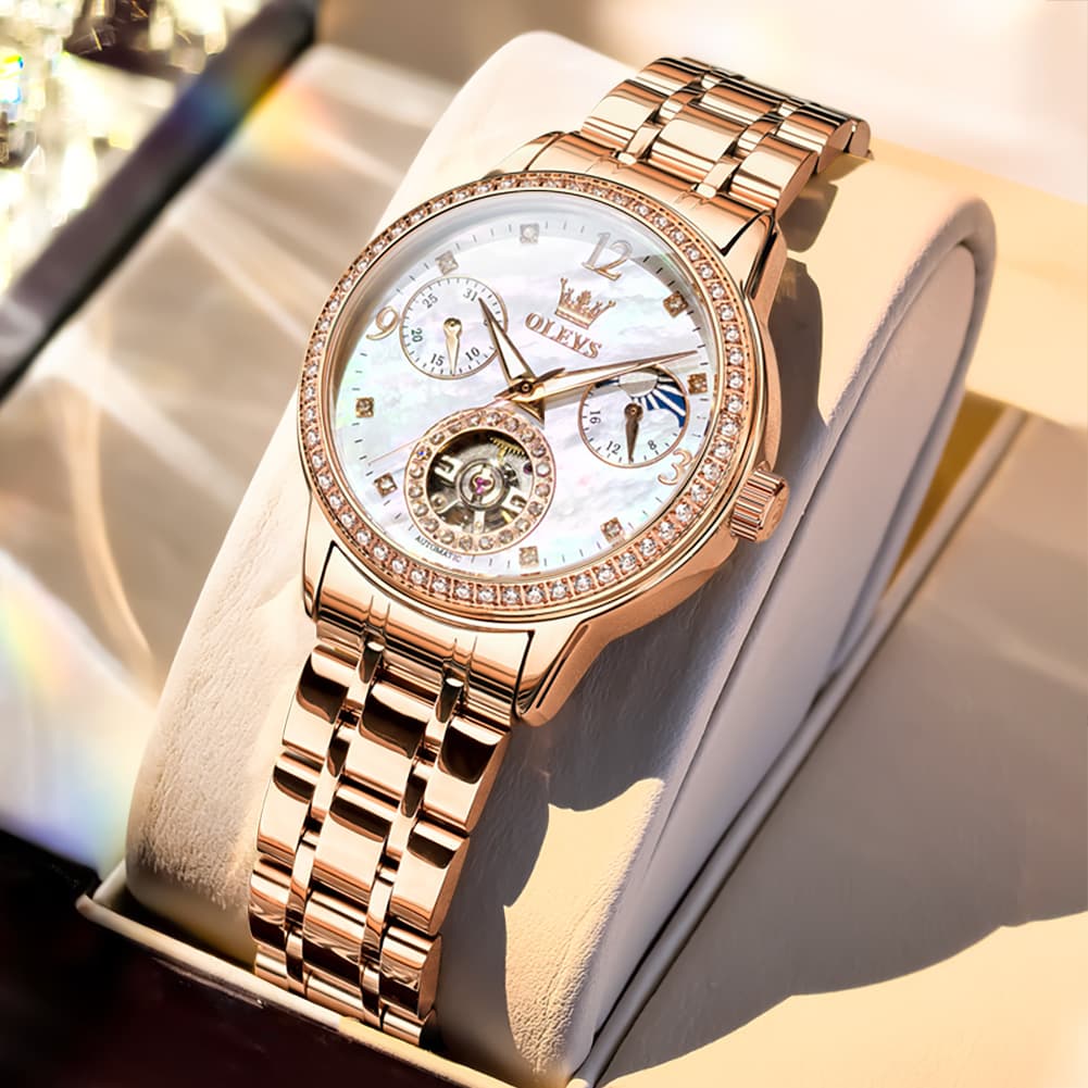 OLEVS 6750 Diamond Bezel Skeleton Mechanical Watch for Women - All Gold Watch | Olevs Watch Store