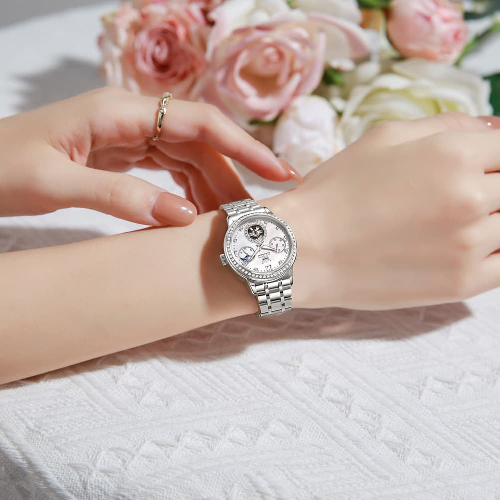 OLEVS 6750 Diamond Bezel Skeleton Mechanical Watch for Women - All Gold Watch | Olevs Watch Store