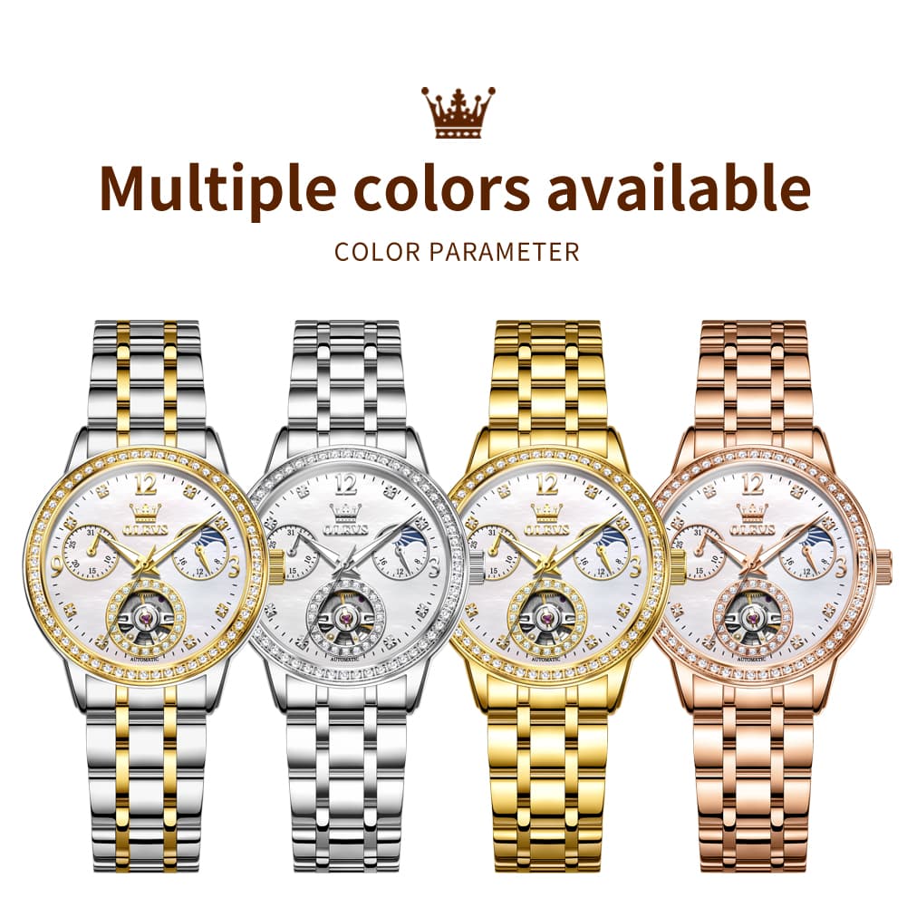 OLEVS 6750 Diamond Bezel Skeleton Mechanical Watch for Women - All Gold Watch | Olevs Watch Store
