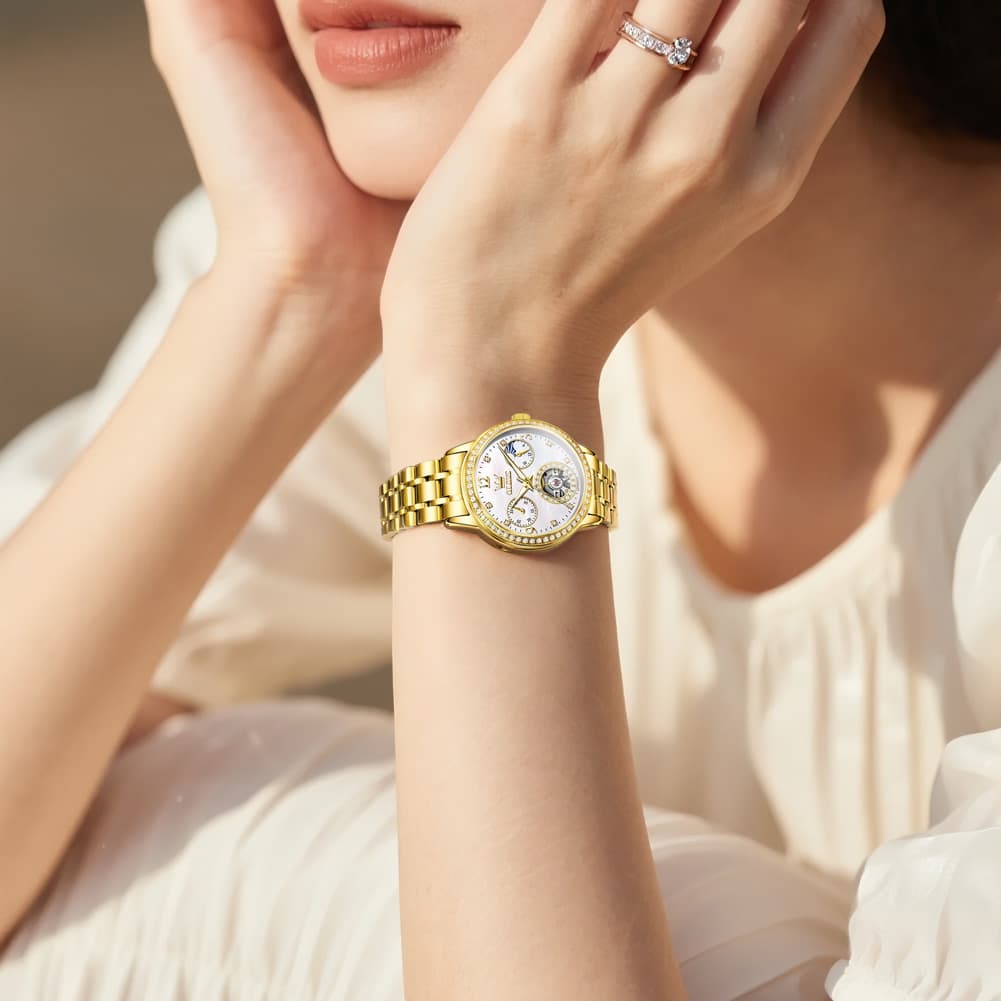 OLEVS 6750 Diamond Bezel Skeleton Mechanical Watch for Women - All Gold Watch | Olevs Watch Store
