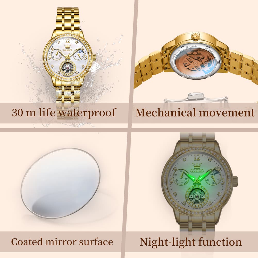 OLEVS 6750 Diamond Bezel Skeleton Mechanical Watch for Women - All Gold Watch | Olevs Watch Store