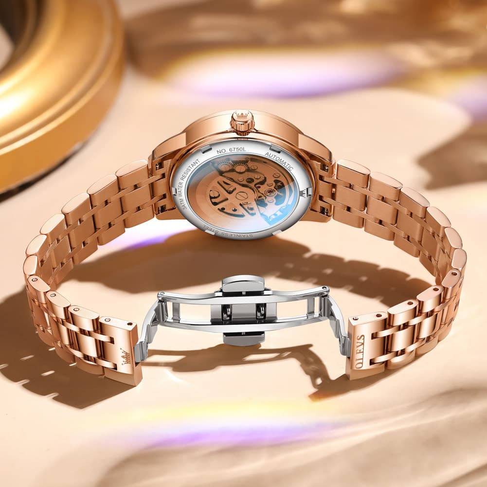 OLEVS 6750 Diamond Bezel Skeleton Mechanical Watch for Women - All Gold Watch | Olevs Watch Store