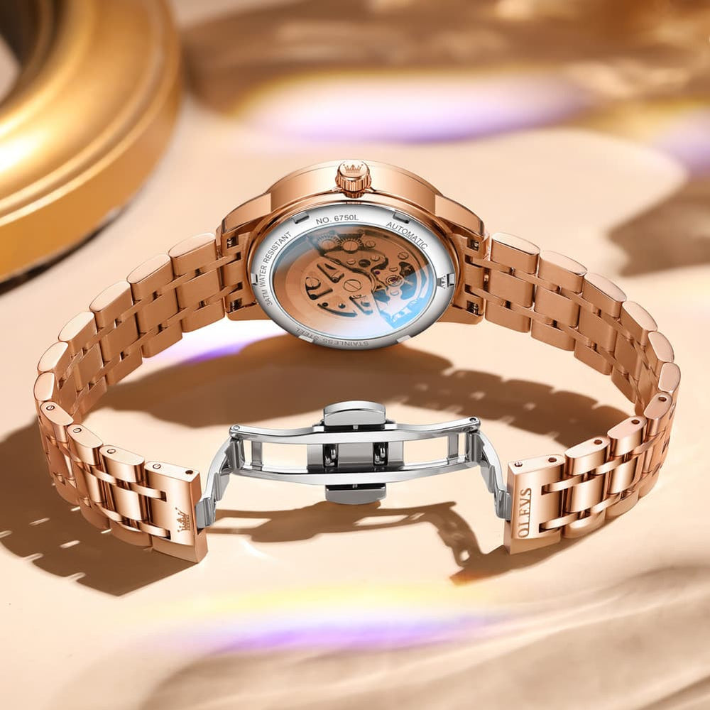 OLEVS 6750 Diamond Bezel Skeleton Mechanical Watch for Women - All Gold Watch | Olevs Watch Store