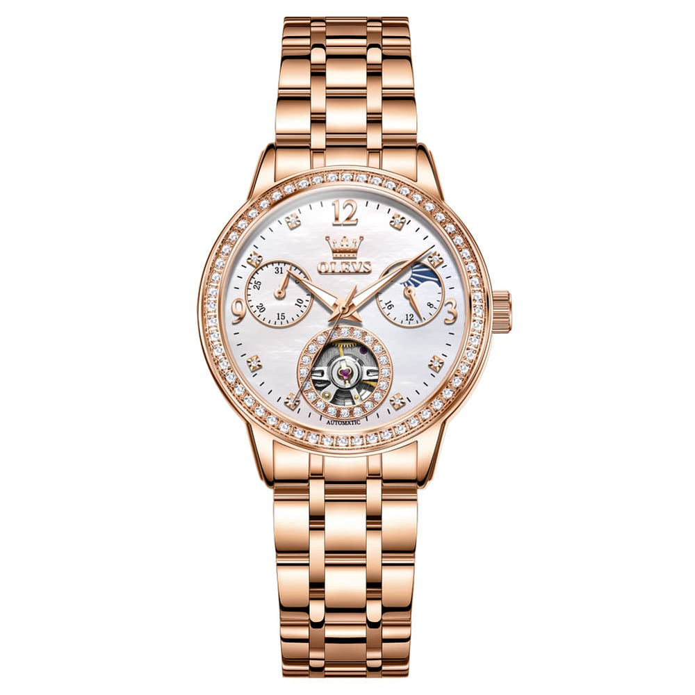 OLEVS 6750 Diamond Bezel Skeleton Mechanical Watch for Women - Rose Gold Watch | Olevs Watch Store