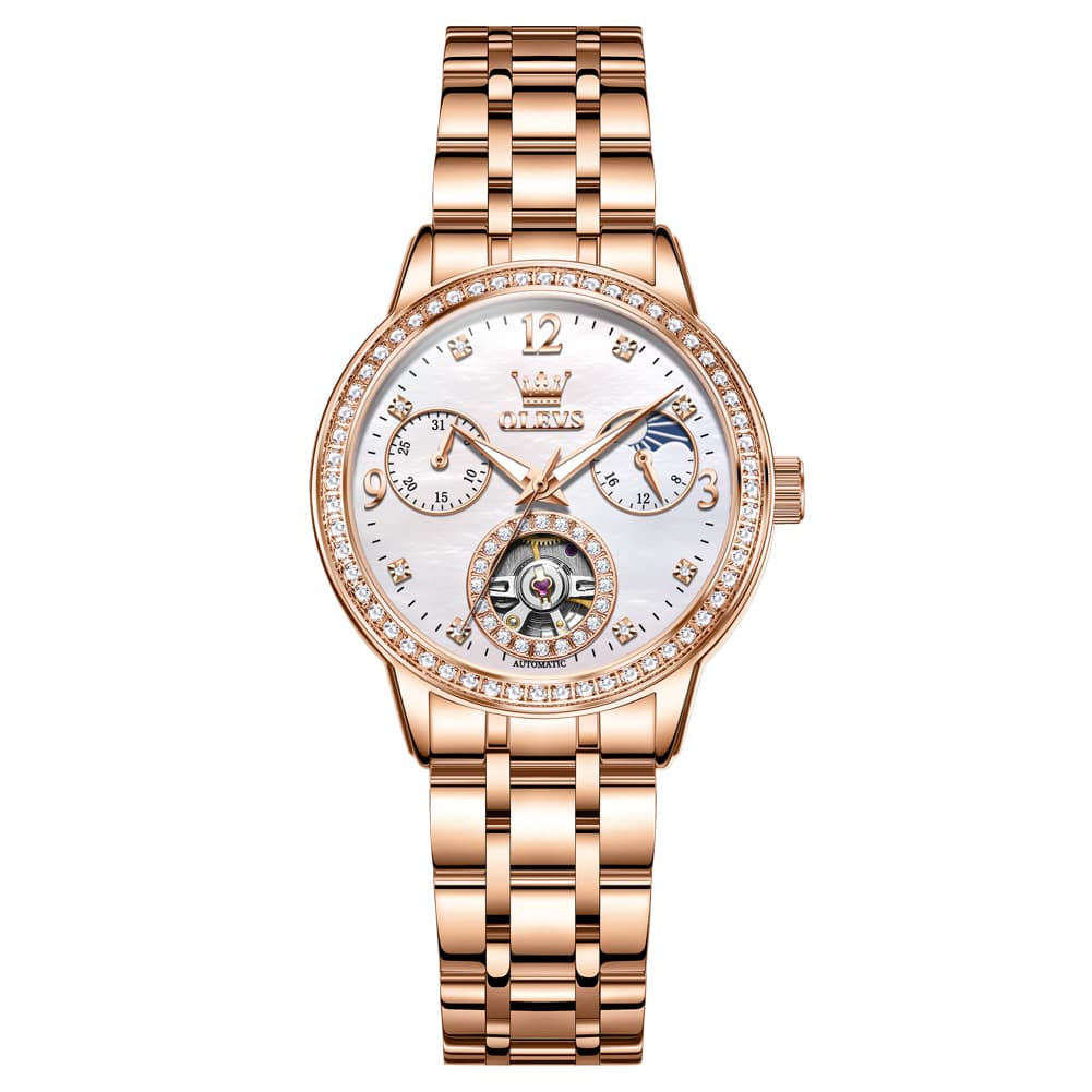 OLEVS 6750 Diamond Bezel Skeleton Mechanical Watch for Women - Rose Gold Watch | Olevs Watch Store