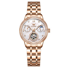 OLEVS 6750 Diamond Bezel Skeleton Mechanical Watch for Women - Rose Gold Watch | Olevs Watch Store