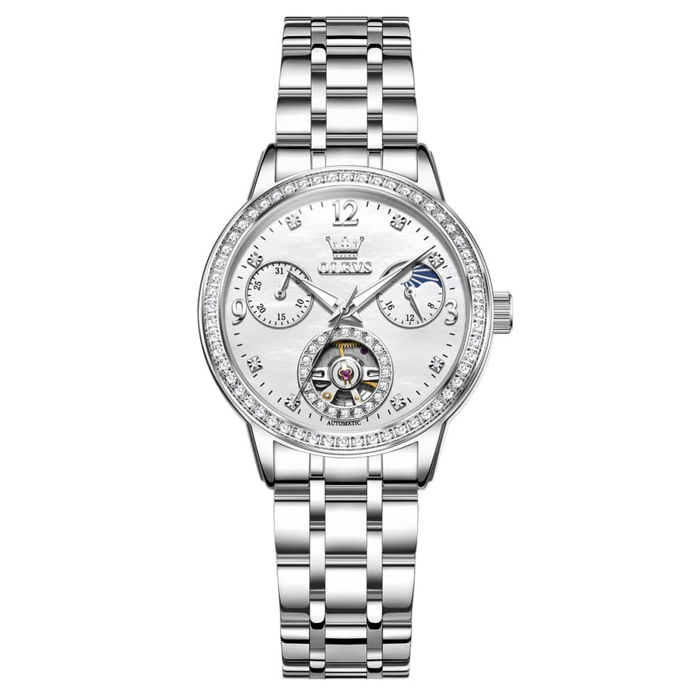 OLEVS 6750 Diamond Bezel Skeleton Mechanical Watch for Women - Silver Watch | Olevs Watch Store
