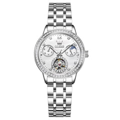 OLEVS 6750 Diamond Bezel Skeleton Mechanical Watch for Women - Silver Watch | Olevs Watch Store