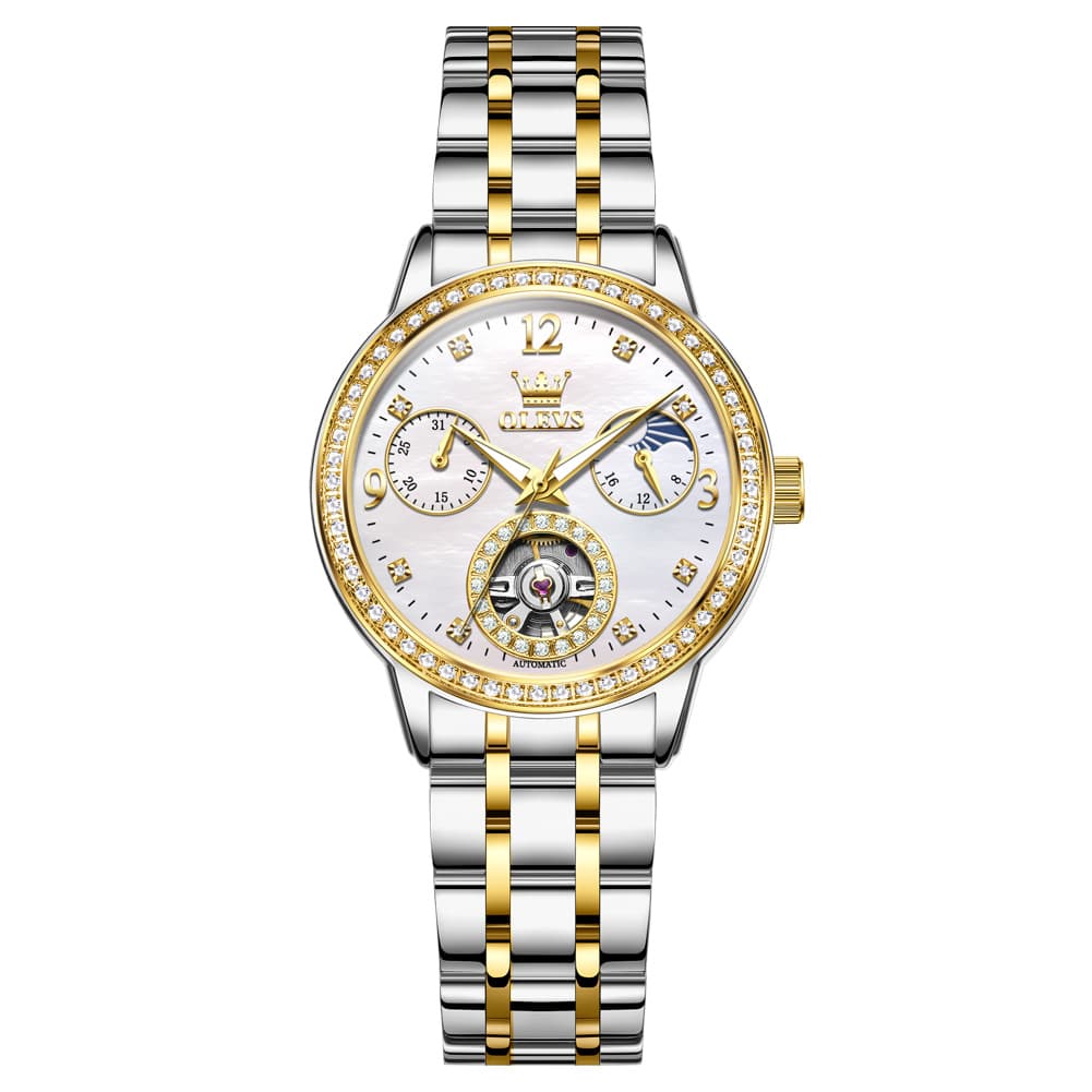 OLEVS 6750 Diamond Bezel Skeleton Mechanical Watch for Women - Two Tone Watch | Olevs Watch Store