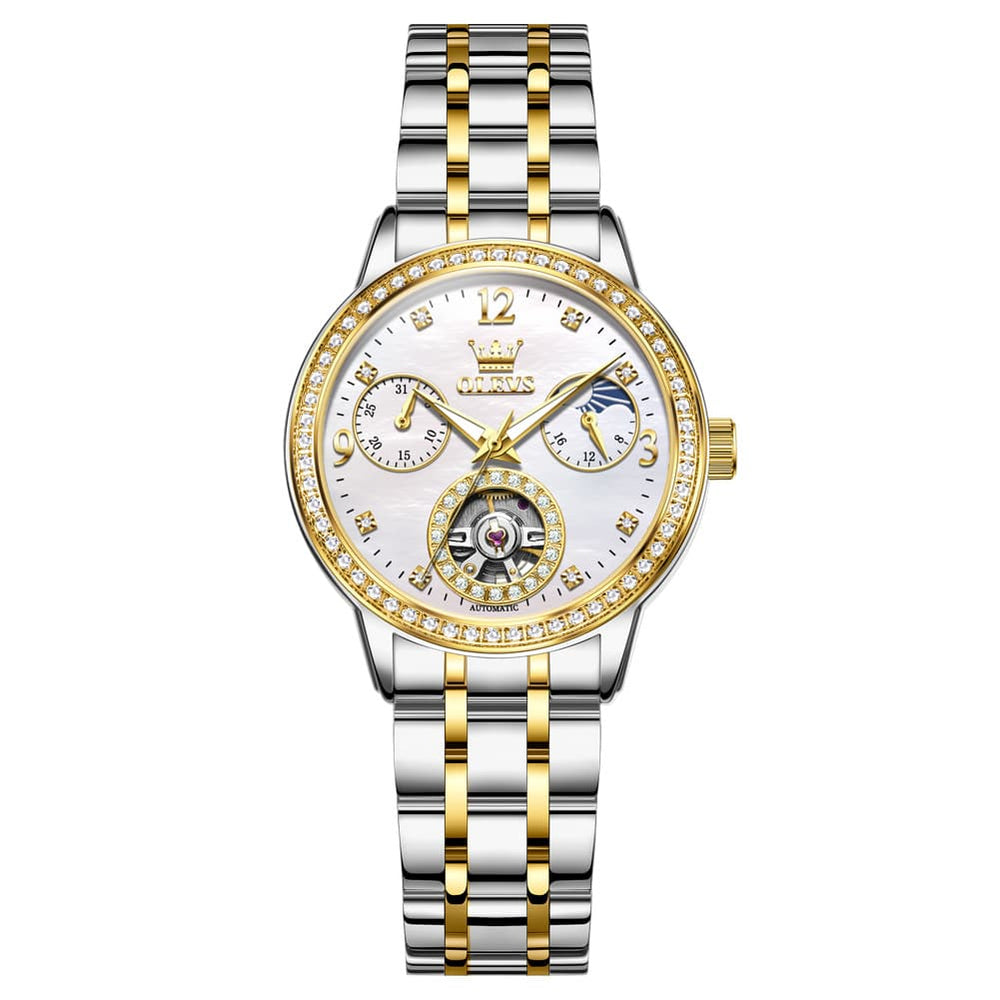 OLEVS 6750 Diamond Bezel Skeleton Mechanical Watch for Women - Two Tone Watch | Olevs Watch Store
