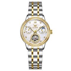 OLEVS 6750 Diamond Bezel Skeleton Mechanical Watch for Women - Two Tone Watch | Olevs Watch Store