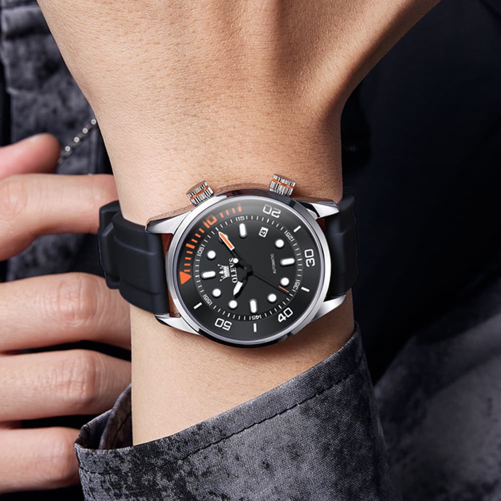 OLEVS 6751 Dive Style Silicone Strap Mechanical Watch for Men - Silicone Blue Watch | Olevs Watch Store
