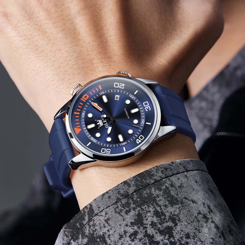 OLEVS 6751 Dive Style Silicone Strap Mechanical Watch for Men - Silicone Blue Watch | Olevs Watch Store