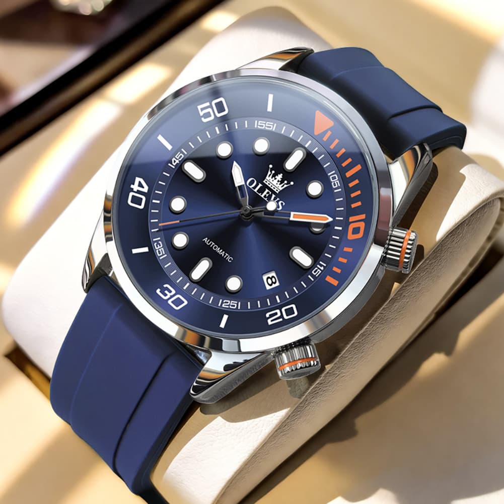 OLEVS 6751 Dive Style Silicone Strap Mechanical Watch for Men - Silicone Blue Watch | Olevs Watch Store