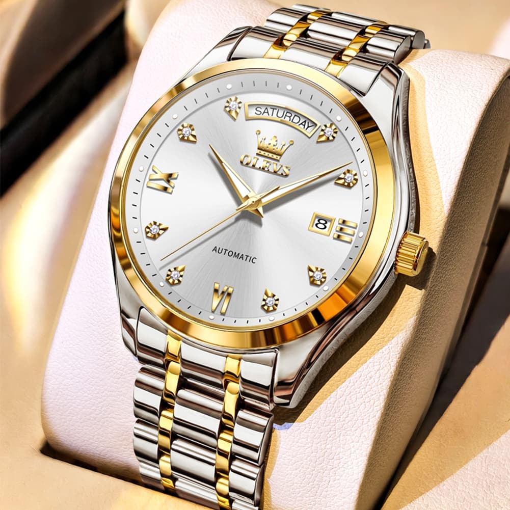 OLEVS 6752 Diamond Dial Day Date Mechanical Watch for Men - All Black Watch | Olevs Watch Store
