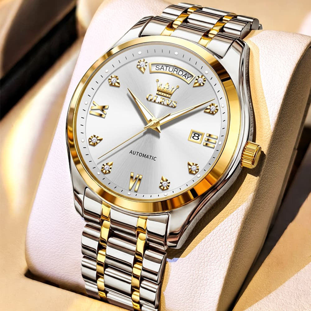 OLEVS 6752 Diamond Dial Day Date Mechanical Watch for Men - All Black Watch | Olevs Watch Store