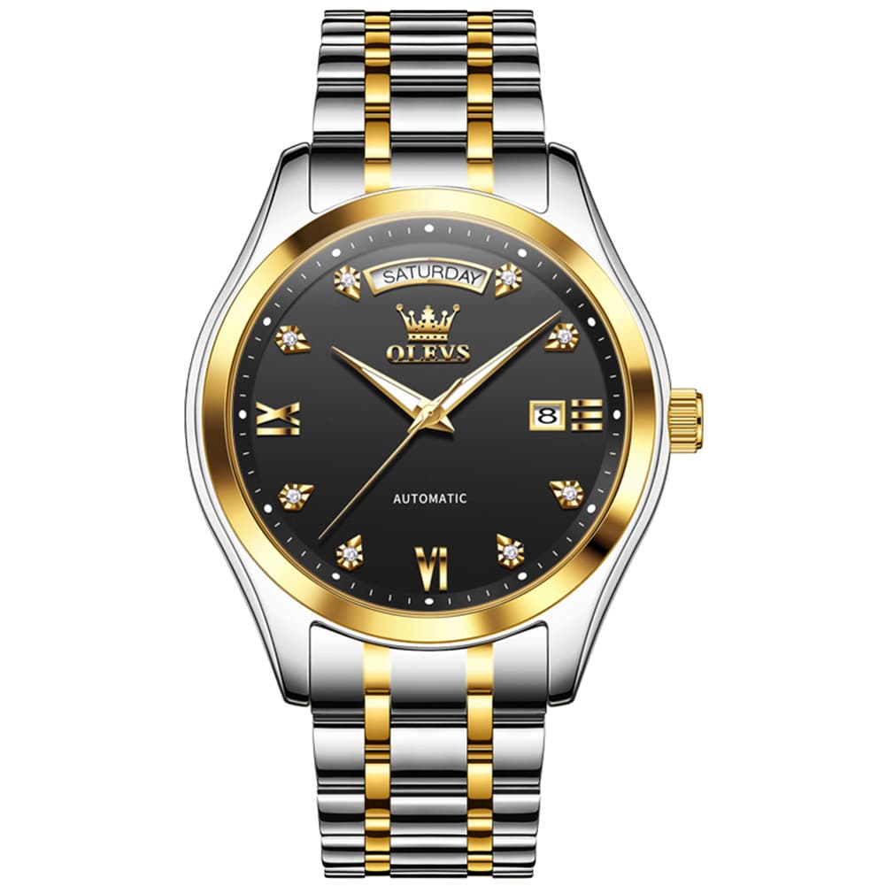 OLEVS 6752 Diamond Dial Day Date Mechanical Watch for Men - All Black Watch | Olevs Watch Store
