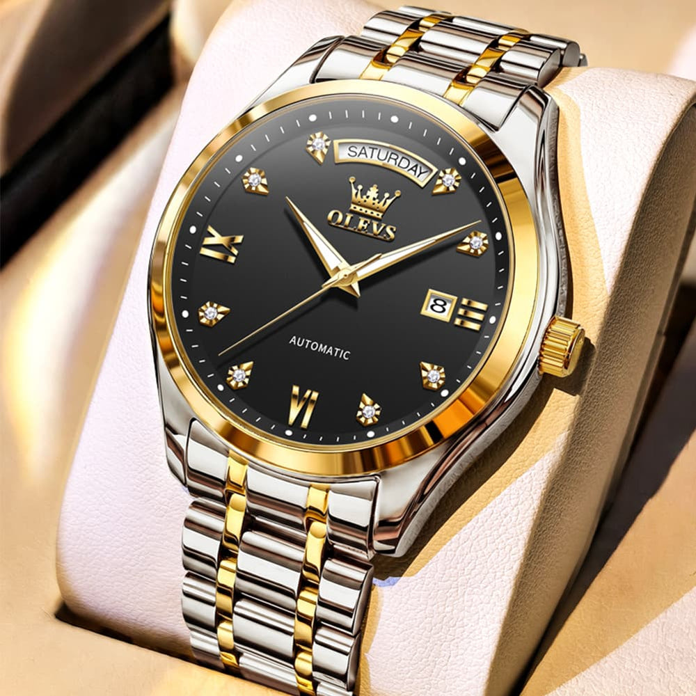 OLEVS 6752 Diamond Dial Day Date Mechanical Watch for Men - All Black Watch | Olevs Watch Store