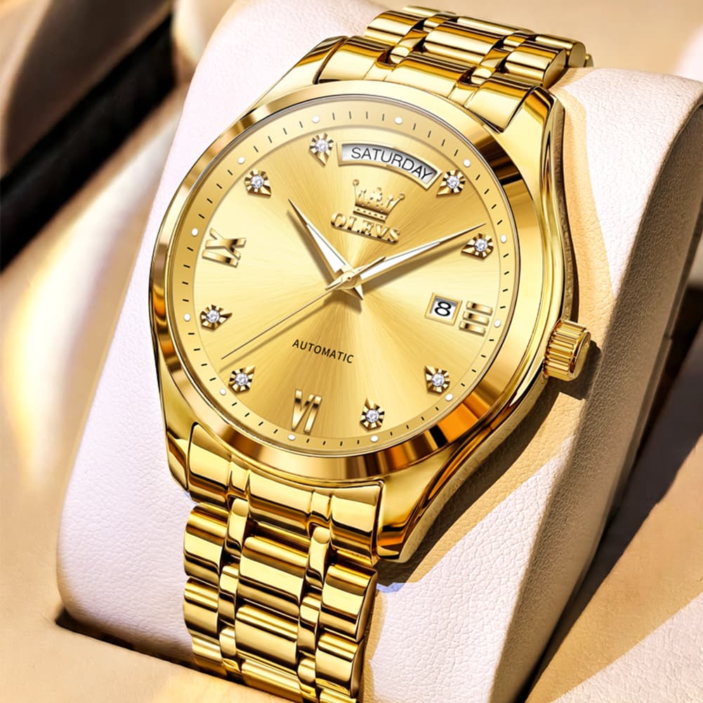 OLEVS 6752 Diamond Dial Day Date Mechanical Watch for Men - All Black Watch | Olevs Watch Store
