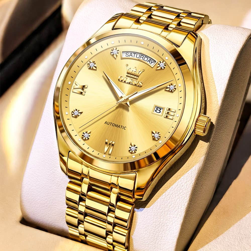 OLEVS 6752 Diamond Dial Day Date Mechanical Watch for Men - All Black Watch | Olevs Watch Store