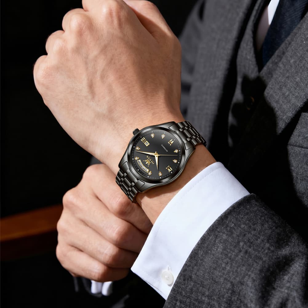 OLEVS 6752 Diamond Dial Day Date Mechanical Watch for Men - All Black Watch | Olevs Watch Store