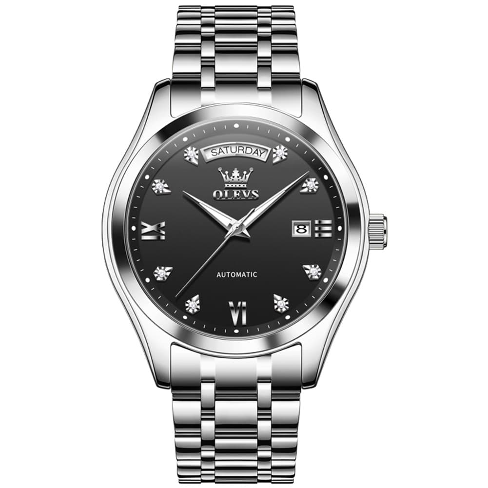 OLEVS 6752 Diamond Dial Day Date Mechanical Watch for Men - All Black Watch | Olevs Watch Store