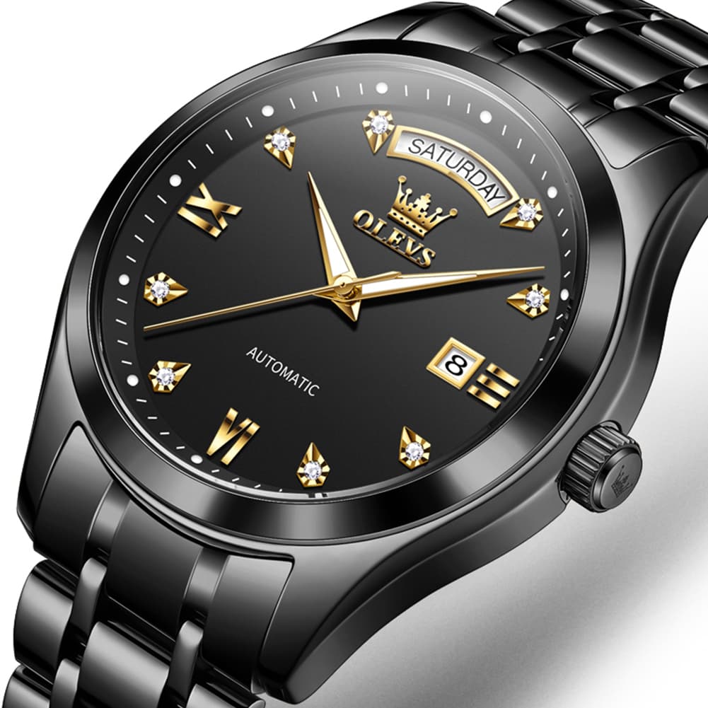 OLEVS 6752 Diamond Dial Day Date Mechanical Watch for Men - All Black Watch | Olevs Watch Store
