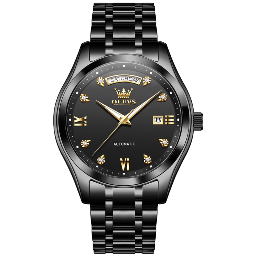 OLEVS 6752 Diamond Dial Day Date Mechanical Watch for Men - All Black Watch | Olevs Watch Store