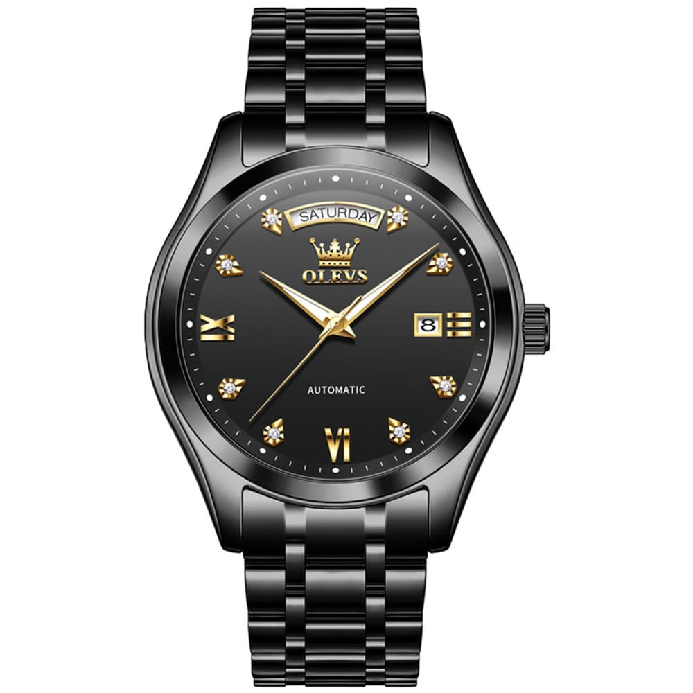 OLEVS 6752 Diamond Dial Day Date Mechanical Watch for Men - All Black Watch | Olevs Watch Store