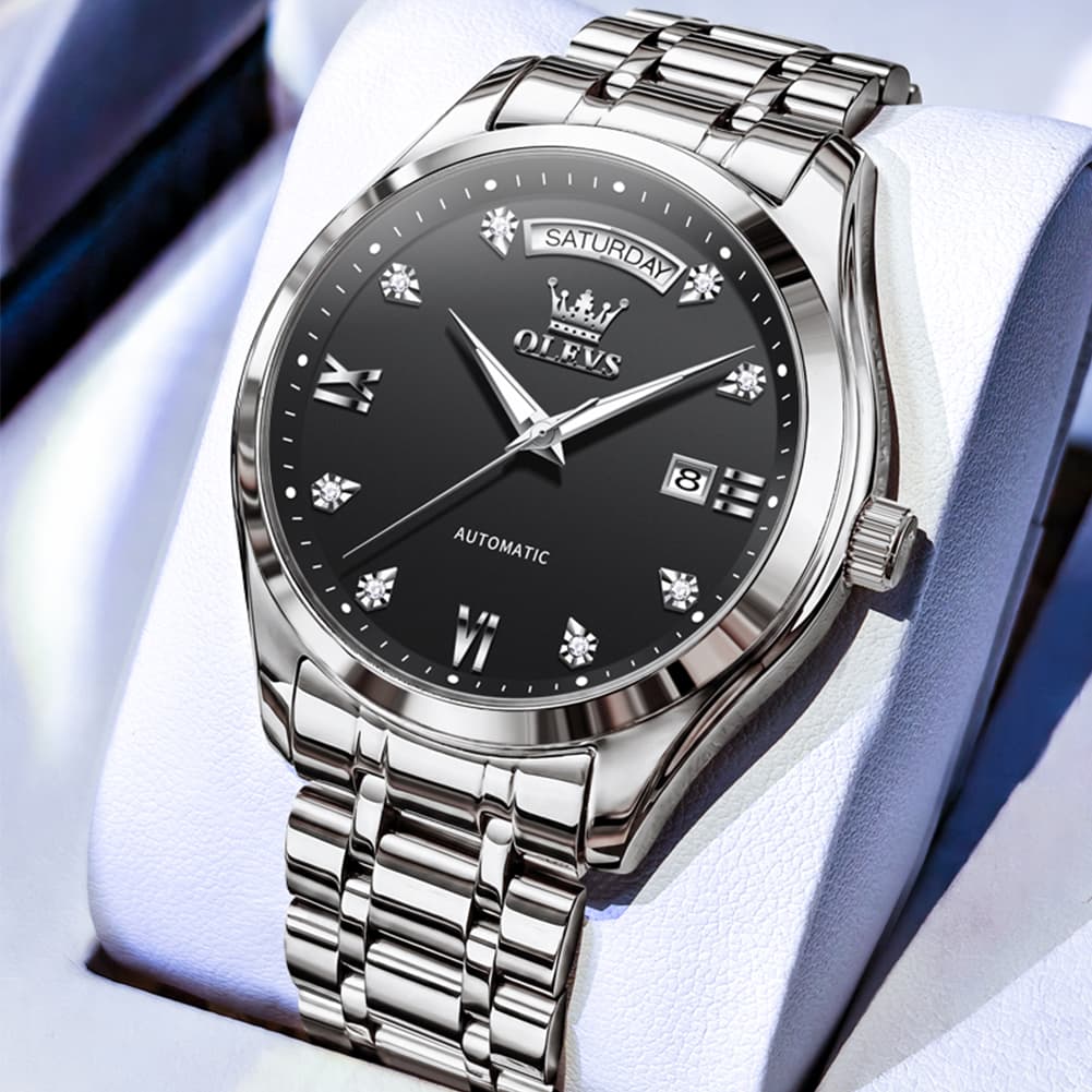 OLEVS 6752 Diamond Dial Day Date Mechanical Watch for Men - All Black Watch | Olevs Watch Store
