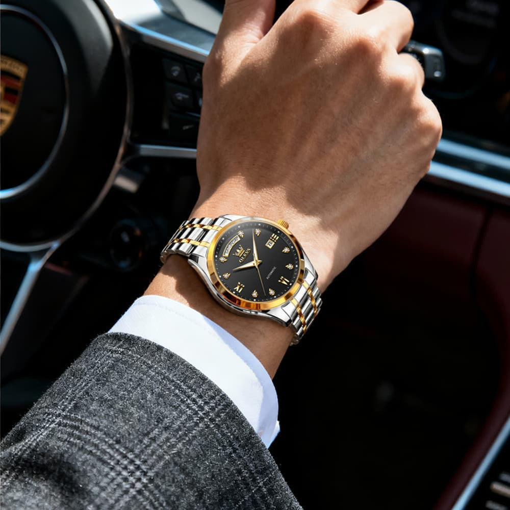 OLEVS 6752 Diamond Dial Day Date Mechanical Watch for Men - All Black Watch | Olevs Watch Store