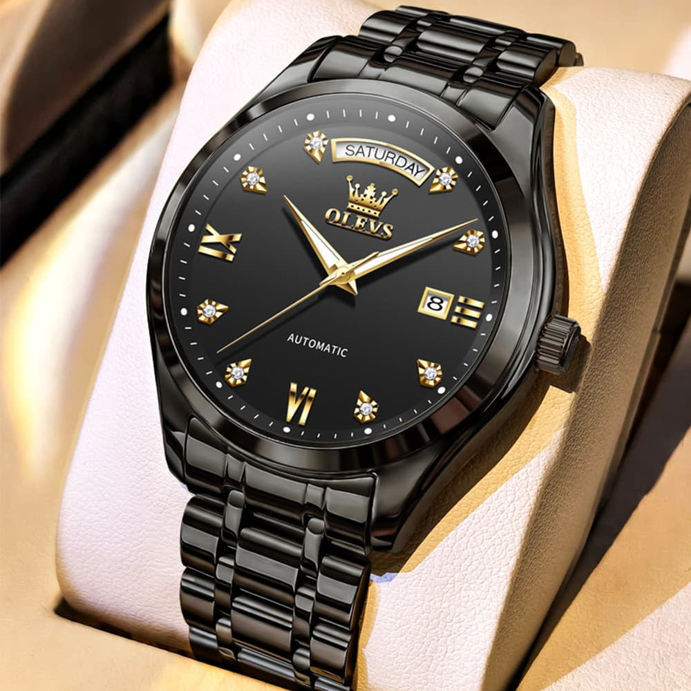 OLEVS 6752 Diamond Dial Day Date Mechanical Watch for Men - All Black Watch | Olevs Watch Store