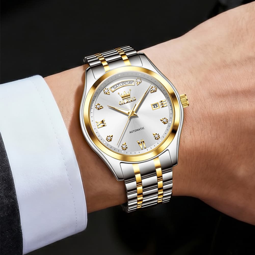 OLEVS 6752 Diamond Dial Day Date Mechanical Watch for Men - All Black Watch | Olevs Watch Store