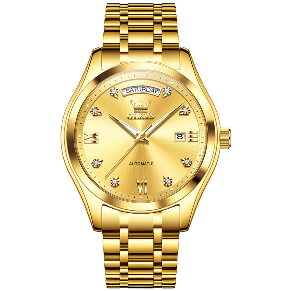 OLEVS 6752 Diamond Dial Day Date Mechanical Watch for Men - All Black Watch | Olevs Watch Store