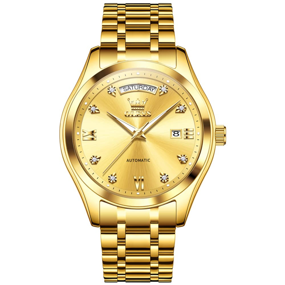 OLEVS 6752 Diamond Dial Day Date Mechanical Watch for Men - All Black Watch | Olevs Watch Store