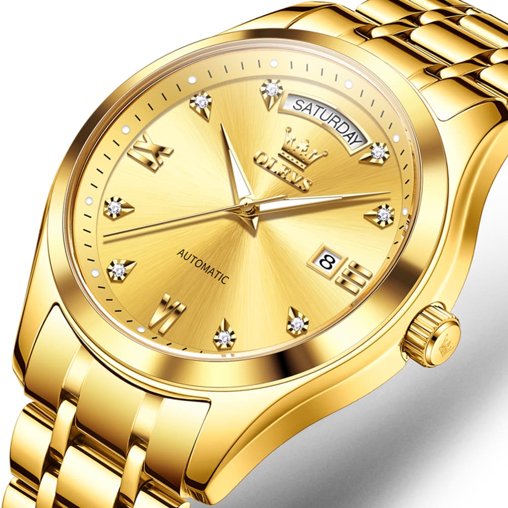 OLEVS 6752 Diamond Dial Day Date Mechanical Watch for Men - All Gold Watch | Olevs Watch Store
