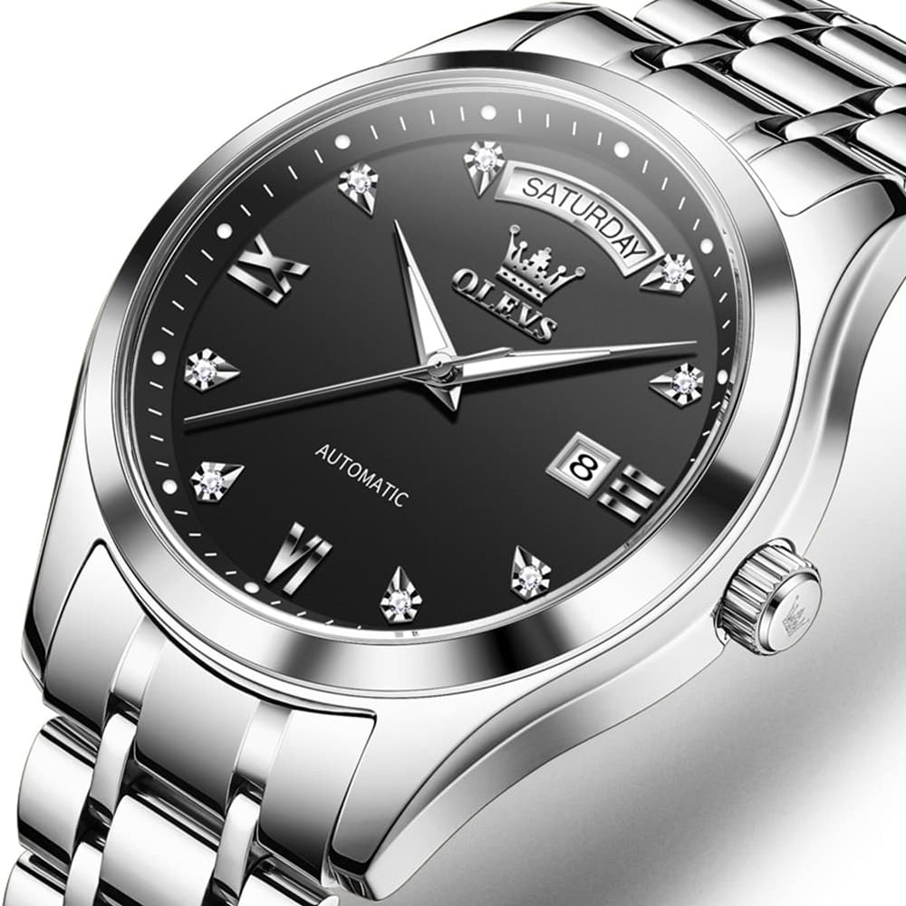 OLEVS 6752 Diamond Dial Day Date Mechanical Watch for Men - Silver Black Watch | Olevs Watch Store
