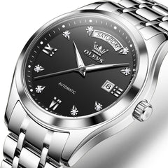 OLEVS 6752 Diamond Dial Day Date Mechanical Watch for Men - Silver Black Watch | Olevs Watch Store