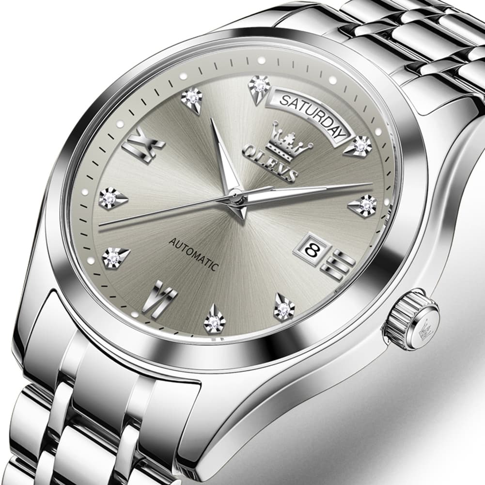 OLEVS 6752 Diamond Dial Day Date Mechanical Watch for Men - Silver Grey Watch | Olevs Watch Store