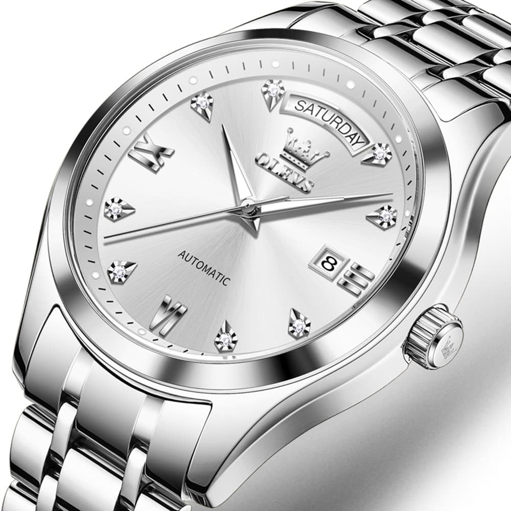 OLEVS 6752 Diamond Dial Day Date Mechanical Watch for Men - Silver White Watch | Olevs Watch Store