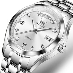 OLEVS 6752 Diamond Dial Day Date Mechanical Watch for Men - Silver White Watch | Olevs Watch Store