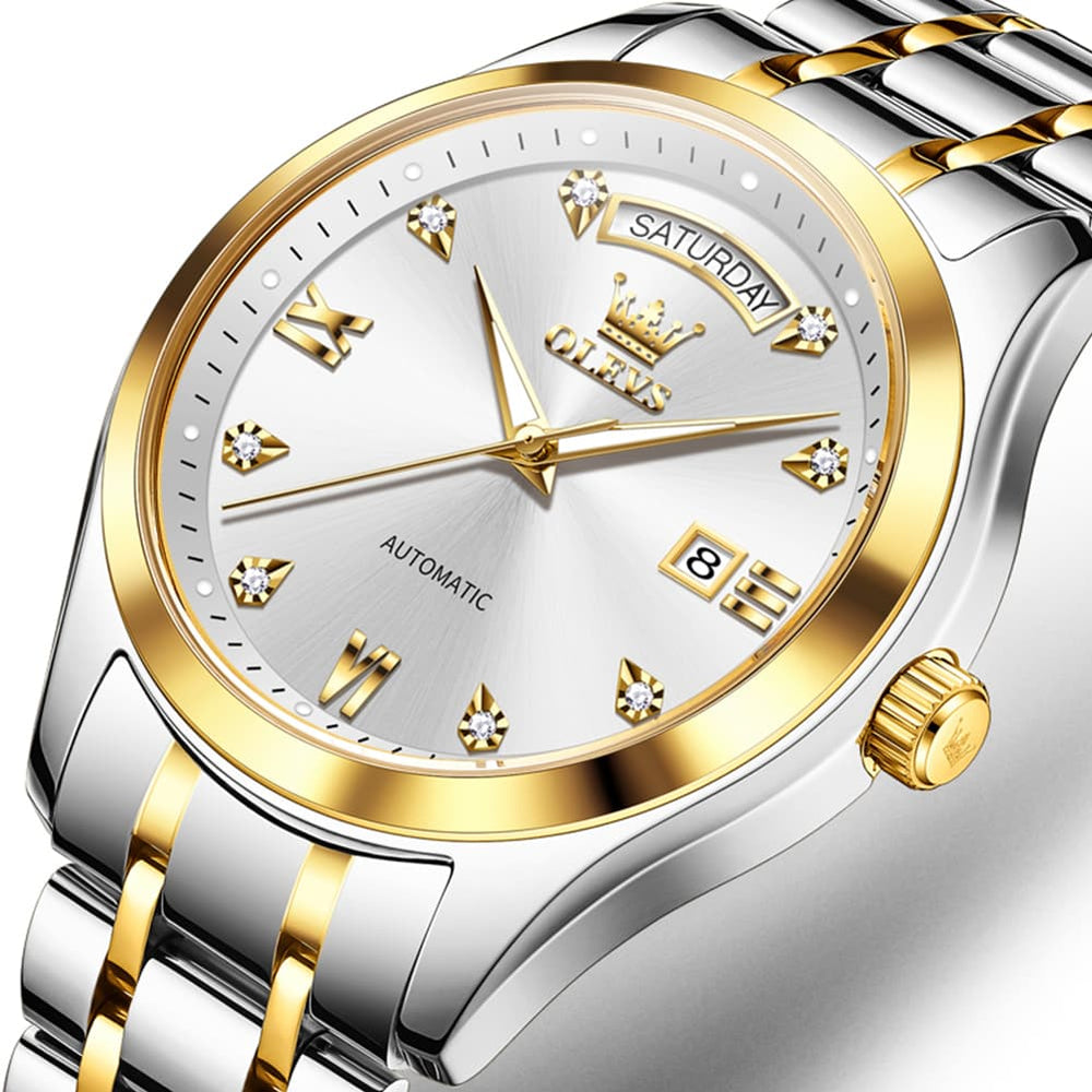 OLEVS 6752 Diamond Dial Day Date Mechanical Watch for Men - Two Tone White Watch | Olevs Watch Store