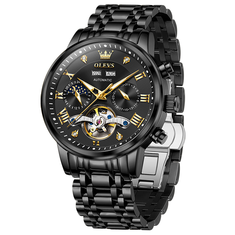 all black automatic mechanical watch - OLEVS 6763