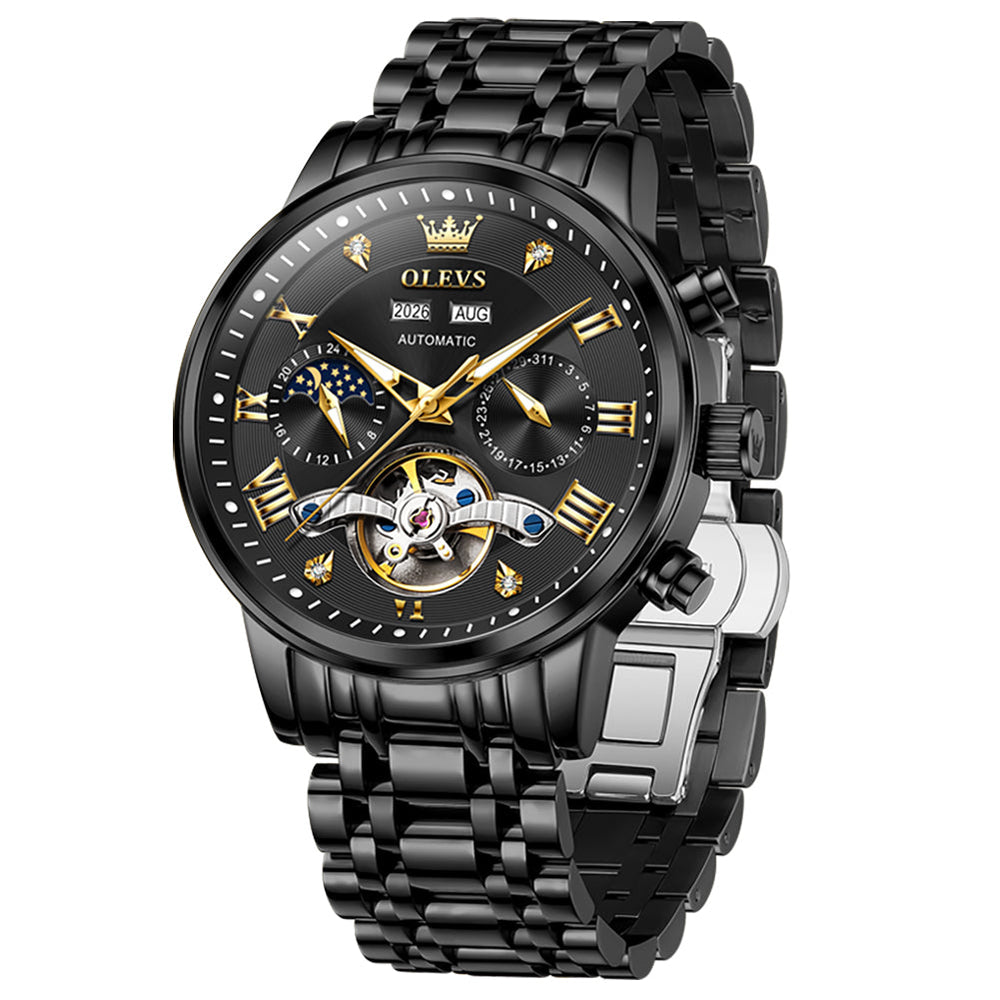 all black automatic mechanical watch - OLEVS 6763