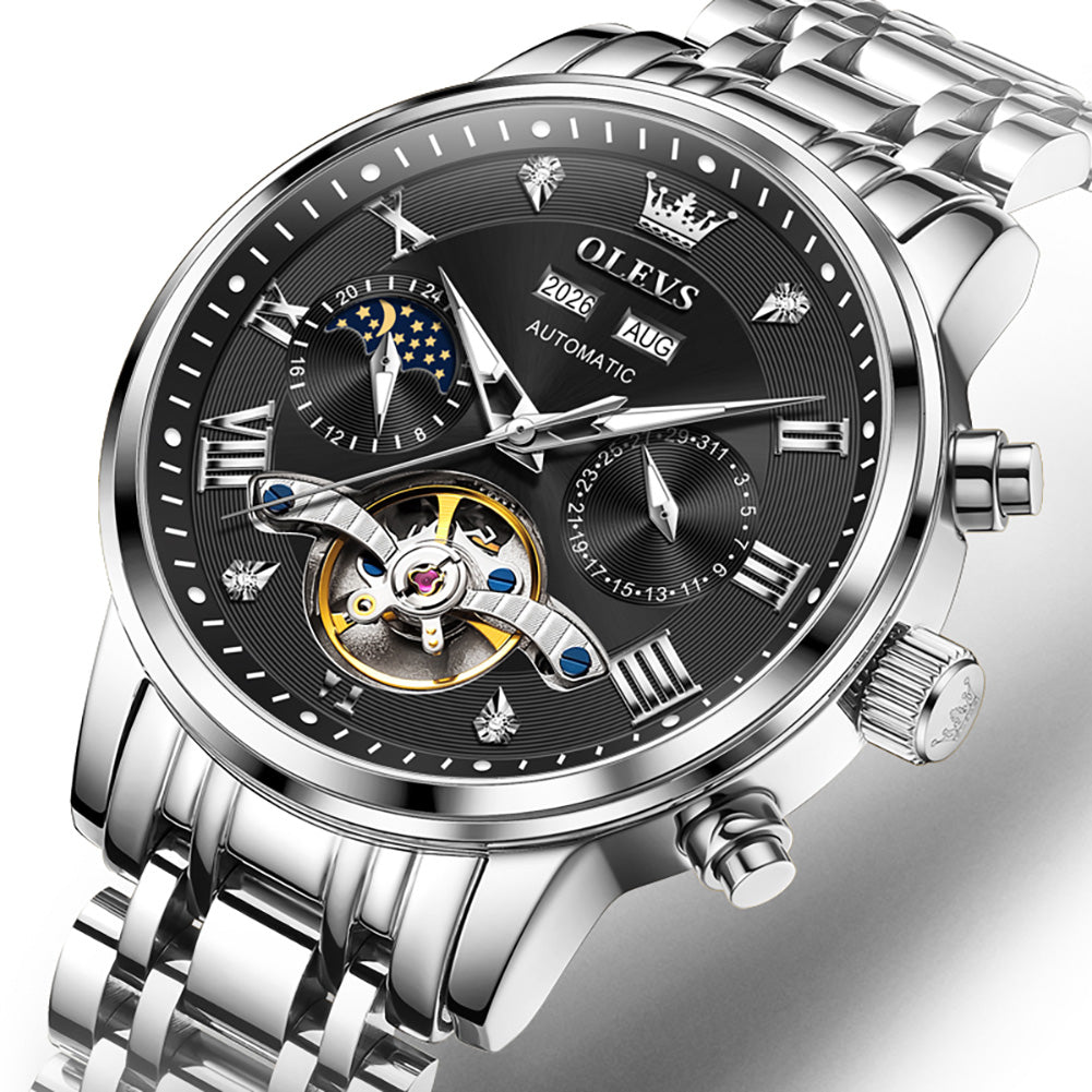 silver black open heart dial close up - OLEVS 6763