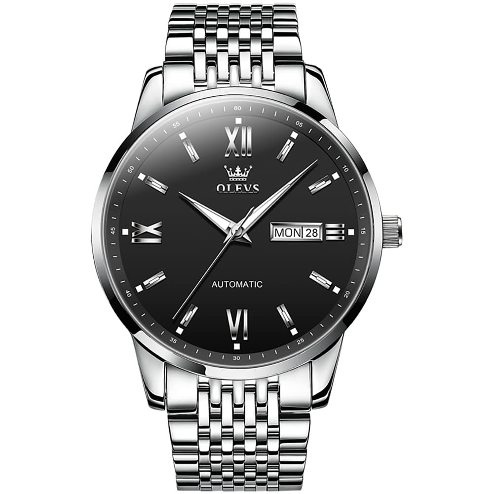 OLEVS 6777 Minimalist Day Date Mechanical Watch for Men - Silver Black Watch | Olevs Watch Store