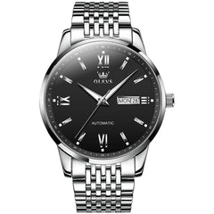OLEVS 6777 Minimalist Day Date Mechanical Watch for Men - Silver Black Watch | Olevs Watch Store