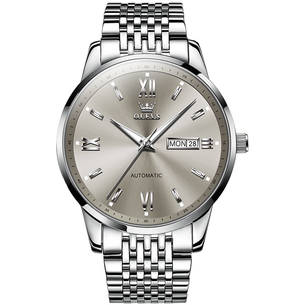 OLEVS 6777 Minimalist Day Date Mechanical Watch for Men - Silver Grey Watch | Olevs Watch Store