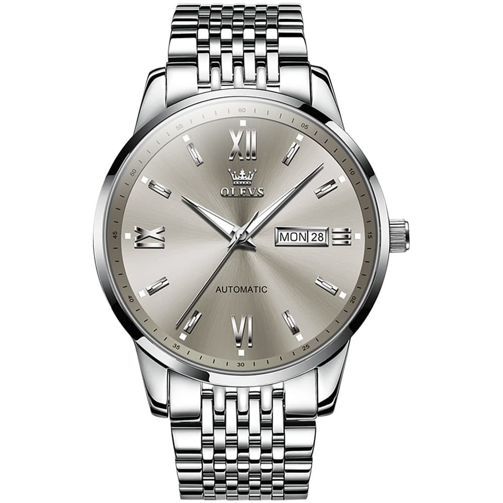 OLEVS 6777 Minimalist Day Date Mechanical Watch for Men - Silver Grey Watch | Olevs Watch Store